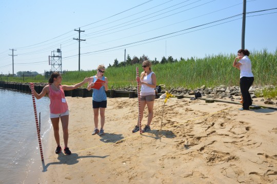 Alexis Walsh, Alex March, Erica Svendsen, and Asli Sezen-Barrie measuring sea level